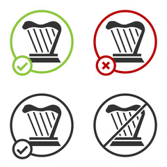 Black Harp icon isolated on white background. Classical music instrument, orhestra string acoustic element. Circle button. Vector.