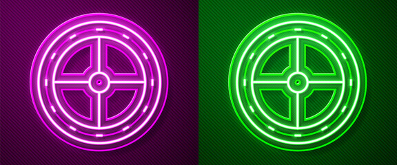 Glowing neon line Round wooden shield icon isolated on purple and green background. Security, safety, protection, privacy, guard concept. Vector.