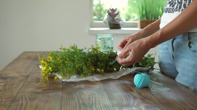 Collecting thyme for tea. Dry the herbs at home.