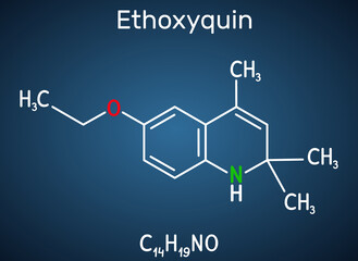 Ethoxyquin, EMQ,  antioxidant  E324 molecule. It is a quinoline used as a food preservative. Structural chemical formula on the dark blue background