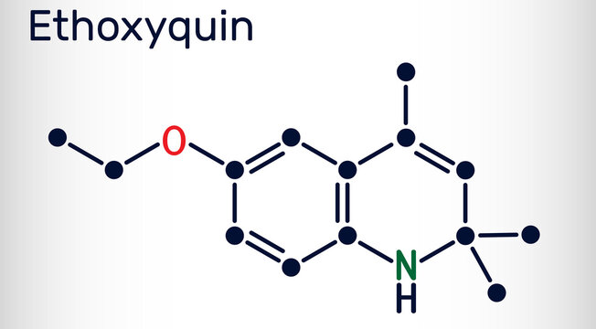 Ethoxyquin, EMQ,  antioxidant  E324 molecule. It is a quinoline used as a food preservative. Skeletal chemical formula