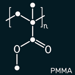 Poly(methyl methacrylate), acrylic glass, plexiglass, PMMA molecule. It is synthetic polymer of methyl methacrylate, is used for acrylic paint, latex, acrylic glass. Dark blue background