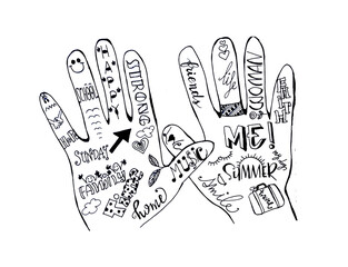 Parole scritte sulle mani di bambino, isolate su sfondo bianco