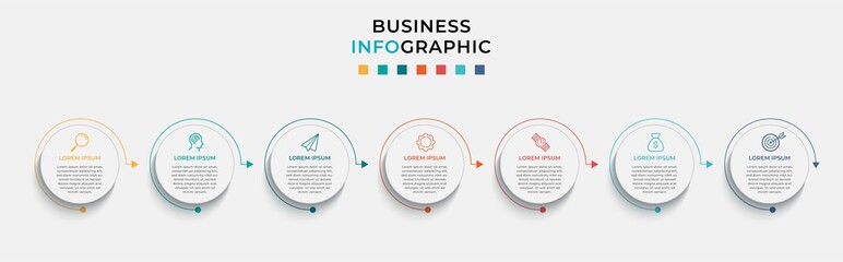 Business Infographic design template Vector with icons and 7 seven options or steps. Can be used for process diagram, presentations, workflow layout, banner, flow chart, info graph