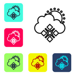 Black line Cloud with snow and sun icon isolated on white background. Cloud with snowflakes. Single weather icon. Snowing sign. Set icons in color square buttons. Vector.