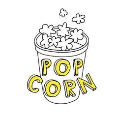 Popcorn. The inscription with a glass and grains of corn.