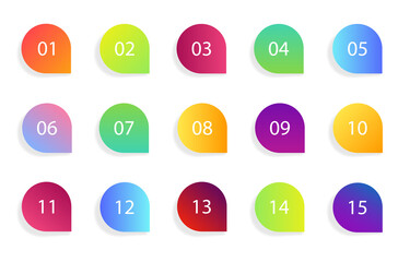 Marker bullet icon with number 1 to 15. Set of infographic point button for web, business. Arrow graphic symbol with step. Creative simple pointers. Modern colorful template circles with shadow.