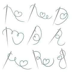 Heart with a needle thread icon for design on white, set of different form of hearts. vector illustration