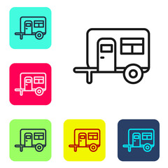 Black line Rv Camping trailer icon isolated on white background. Travel mobile home, caravan, home camper for travel. Set icons in color square buttons. Vector.