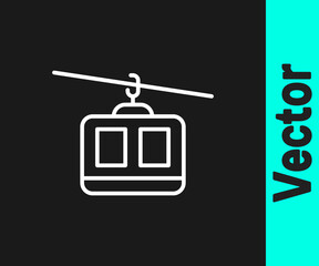 White line Cable car icon isolated on black background. Funicular sign. Vector.