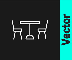 White line Picnic table with chairs on either side of the table icon isolated on black background. Vector.