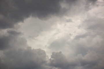 Cumuliform cloudscape on sky. Panorama. Fantastic skies on the planet earth. The sun is hidden.