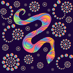 Bright colorful snake, neon gradient color, isolated on dark purple background with patterns