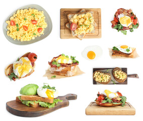 Set of different egg dishes on white background
