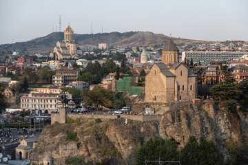 Fototapeta na wymiar Tbilisi, Georgia, Metekhi St. Virgin Church and Holy Trinity Cathedral behind