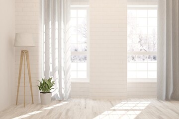 White stylish empty room with winter landscape in window. Scandinavian interior design. 3D illustration