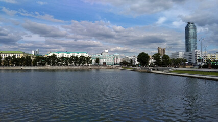 view on Yekaterinbyrg over Iset river. Travelling concept
