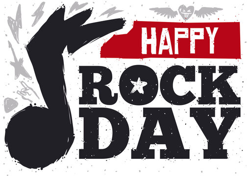 Grunge Music Note with Doodles to Celebrate Happy Rock Day, Vector Illustration