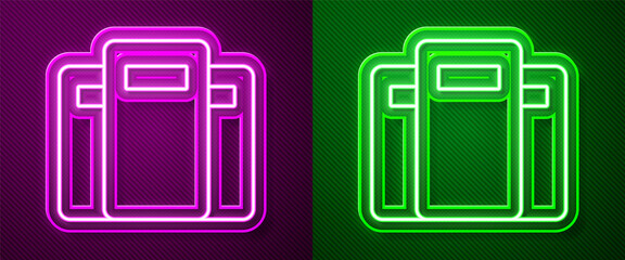 Glowing neon line Police assault shield icon isolated on purple and green background. Vector.