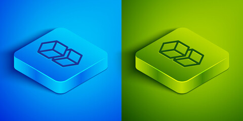 Isometric line Blockchain technology icon isolated on blue and green background. Cryptocurrency data. Abstract geometric block chain network technology business. Square button. Vector.