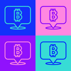 Pop art line Cryptocurrency coin Bitcoin icon isolated on color background. Physical bit coin. Blockchain based secure crypto currency. Vector.