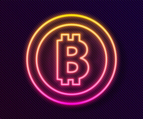 Glowing neon line Cryptocurrency coin Bitcoin icon isolated on black background. Physical bit coin. Blockchain based secure crypto currency. Vector.