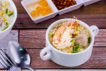 Shrimp porridge white bowl
