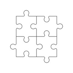 Vector illustration of four black outline jigsaw puzzle pieces.