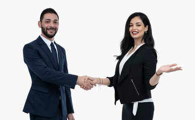 Obraz premium charming woman wearing uniform shaking hand with Businessman to appreciate business. hands shake business partnership successful isolated on white.
