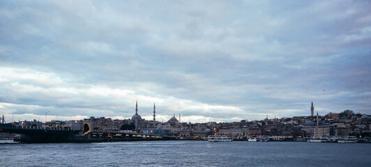 Fototapeta na wymiar Istanbul sea panorama of the city skyline Evening Istanbul view from the sea. background.