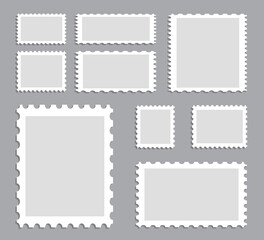 Blank postage stamps set isolated on gray background. Collection of stamps for web site,app,poster,placard and wallpaper. Creative art concept, vector illustration eps 10