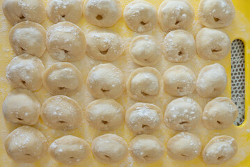 Homemade Dumplings lie on the baking tray in rows. View from above