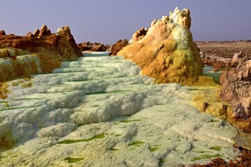 Fototapeta na wymiar Salt ponds, bubbling chimneys and salt terraces form the bottom of the volcanic crater Dallol, Ethiopia: The Hottest Place on Earth,Danakil Depression,North Ethiopia,Africa