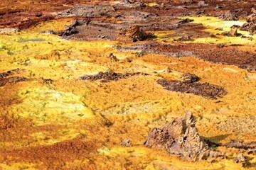 Salt ponds, bubbling chimneys and salt terraces form the bottom of the volcanic crater Dallol, Ethiopia: The Hottest Place on Earth,Danakil Depression,North Ethiopia,Africa