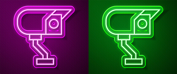 Glowing neon line Security camera icon isolated on purple and green background. Vector.