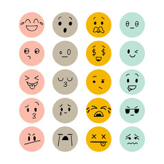 Emoji icons. Set of hand drawn funny smiley faces. Happy kawaii style. Sketched facial expressions set. Collection of cartoon emotional characters