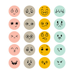 Set of hand drawn funny smiley faces. Emoji icons. Sketched facial expressions set. Collection of cartoon emotional characters. Happy kawaii style