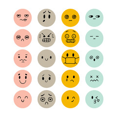 Set of hand drawn funny smiley faces. Happy kawaii style. Sketched facial expressions set. Emoji icons. Collection of cartoon emotional characters