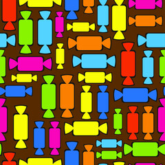 Seamless vector pattern of multi-colored sweets on a chocolate background.  - 362944702