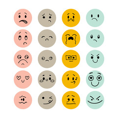 Set of hand drawn funny smiley faces. Sketched facial expressions set. Emoji icons. Happy kawaii style. Collection of cartoon emotional characters