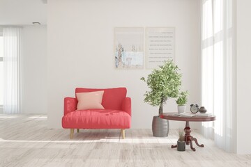 White stylish minimalist room with sofa. Scandinavian interior design. 3D illustration