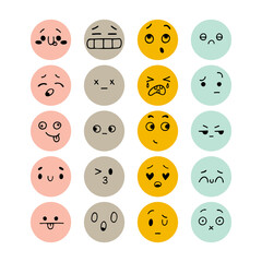 Set of hand drawn funny smiley faces. Sketched facial expressions set. Happy kawaii style. Emoji icons. Collection of cartoon emotional characters