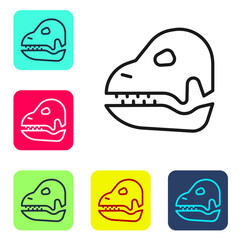 Black line Dinosaur skull icon isolated on white background. Set icons in color square buttons. Vector.