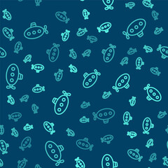 Green line Submarine toy icon isolated seamless pattern on blue background. Vector.