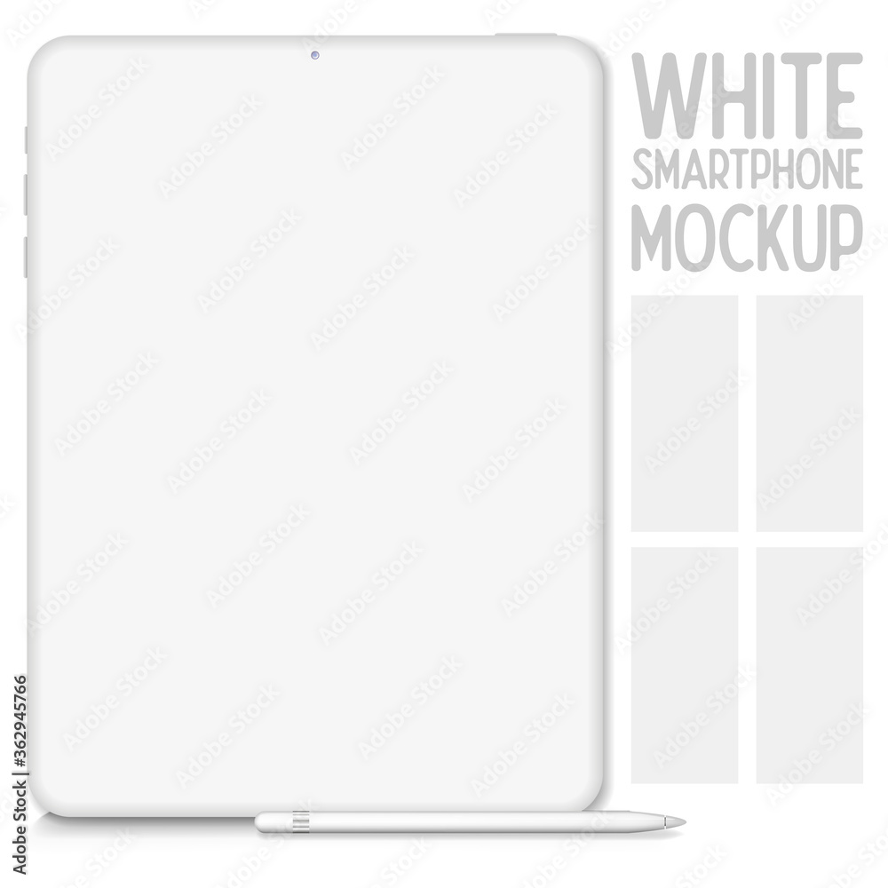 Poster White vector clay render digital tablet mock up isolated on white background. Origami paper material template with realistic drop shadow.