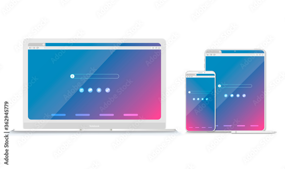Poster set of flat blank browser windows for different devices. vector. computer, tablet, phone sizes.