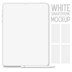 White vector clay render digital tablet mock up isolated on white background. Origami paper material template with realistic drop shadow.