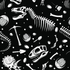 Black and White Dinosaur Bone Seamless Pattern