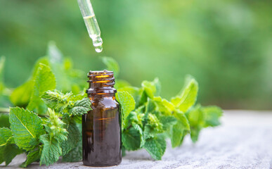 Peppermint essential oil in a small bottle. Selective focus.