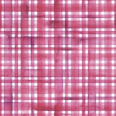 Watercolor stripe plaid seamless pattern. Red pink stripes on white background